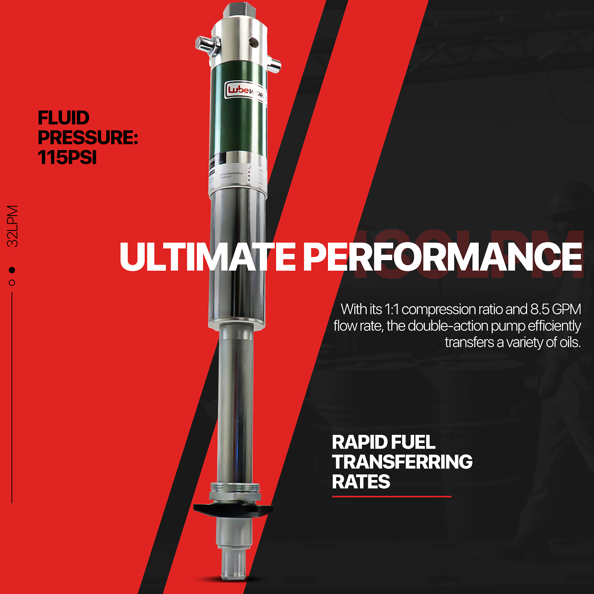 Lubeworks Oil Transfer Drum Pump — Double Action, 8.5 GPM, 1:1 Pressure Ratio, Model# TRI-GUL002
